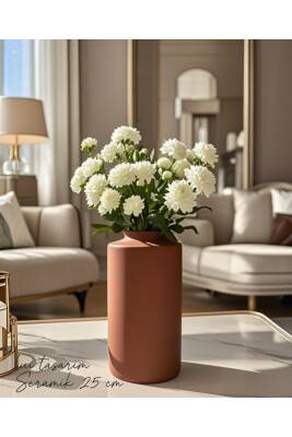 Bohem Tarzı Kremit Renk 25 cm Sade Seramik İskandinav Bohem Tasarım Otel Ofis Dekorasyon Vazo - 2