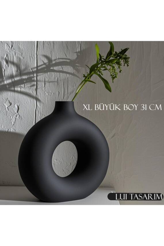 Bohem XL Büyük Boy Seramik Nordic Tarz Siyah Sade İskandinav Tarzı Donut Vazo Seramik 31*31cm - 1