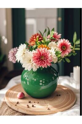 Dekoratif Altın Yaldızlı Yeşil Gold Yeşil Fanus Cam Vazo - 3