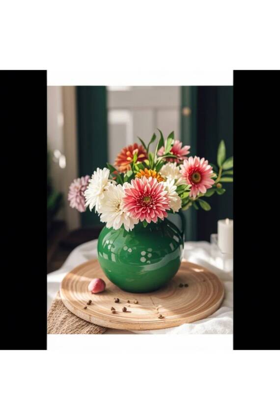 Dekoratif Altın Yaldızlı Yeşil Gold Yeşil Fanus Cam Vazo - 4