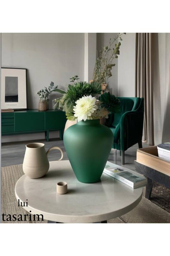 İskandinav Tarzı Bohem Ahşap Trend Sade Dekoratif Seramik Zümrüt Yeşil 27 Vazo - 1