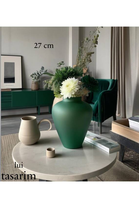 İskandinav Tarzı Bohem Ahşap Trend Sade Dekoratif Seramik Zümrüt Yeşil 27 Vazo - 2