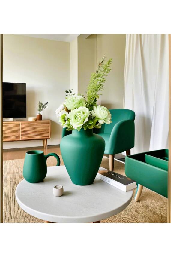 İskandinav Tarzı Bohem Ahşap Trend Sade Dekoratif Seramik Zümrüt Yeşil 27 Vazo - 3