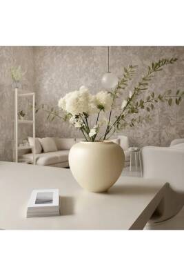 İskandinav Tarzı Bohem Yuvarlak Tasarım Sade Seramik Krem Rengi Vazo 17x20 cm