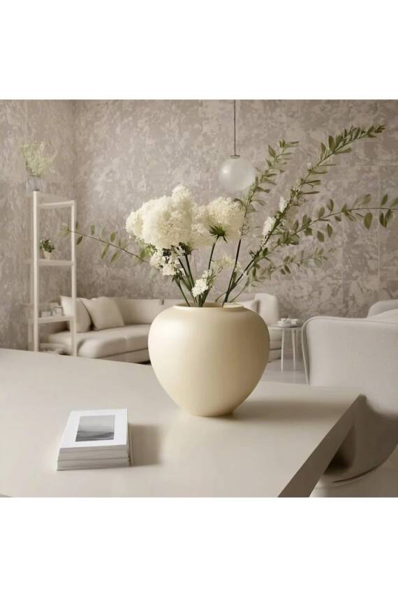 İskandinav Tarzı Bohem Yuvarlak Tasarım Sade Seramik Krem Rengi Vazo 17x20 cm - 1