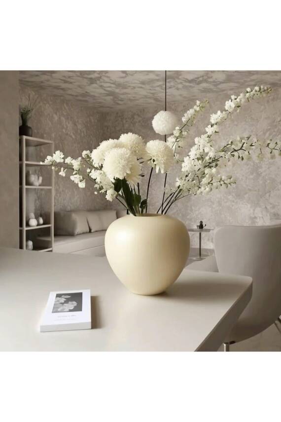 İskandinav Tarzı Bohem Yuvarlak Tasarım Sade Seramik Krem Rengi Vazo 17x20 cm - 2