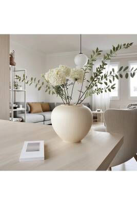 İskandinav Tarzı Bohem Yuvarlak Tasarım Sade Seramik Krem Rengi Vazo 17x20 cm - 3