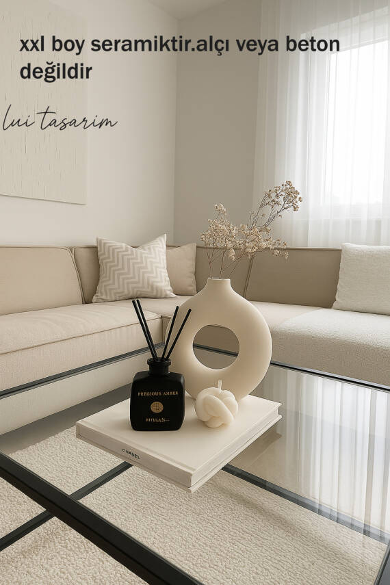 Krem Bohem Xl Büyük Boy Seramik Nordic Tarz Krem Sade Iskandinav Tarzı Donut Vazo Seramik 31*31cm - 1