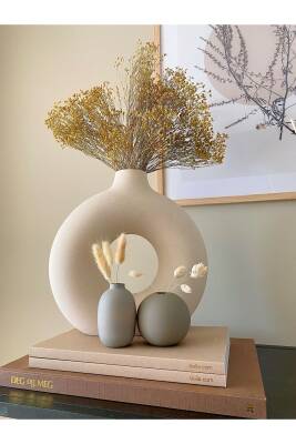 Krem Bohem Xl Büyük Boy Seramik Nordic Tarz Krem Sade Iskandinav Tarzı Donut Vazo Seramik 31*31cm - 3