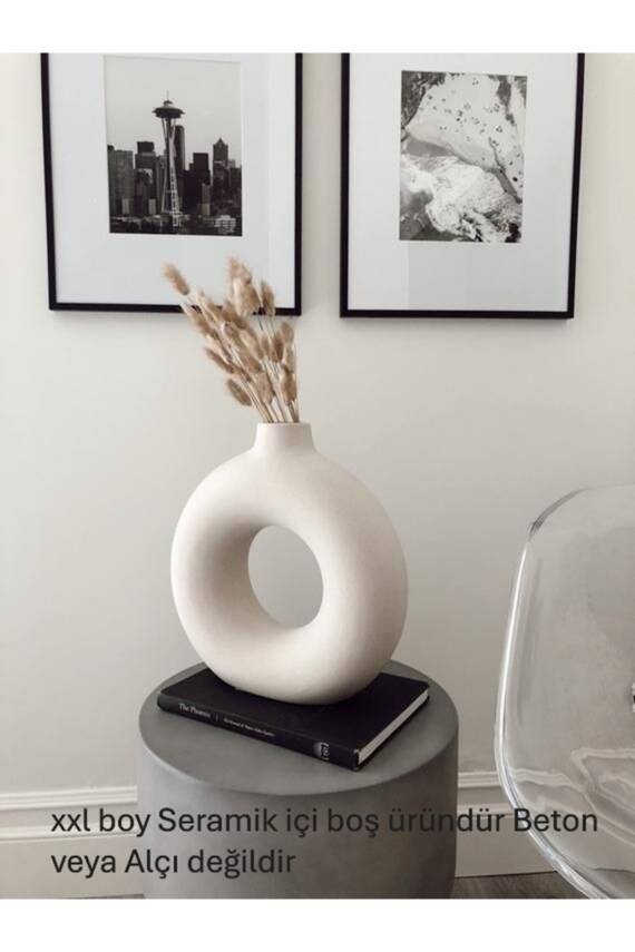 Krem Bohem Xl Büyük Boy Seramik Nordic Tarz Krem Sade Iskandinav Tarzı Donut Vazo Seramik 31*31cm - 4