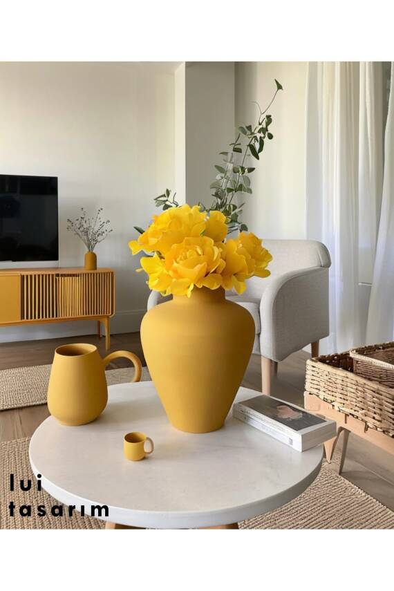 Seramik Vazo Koyu Sarı 27 CM Modern Trend Ahşap Dekorasyon - 1