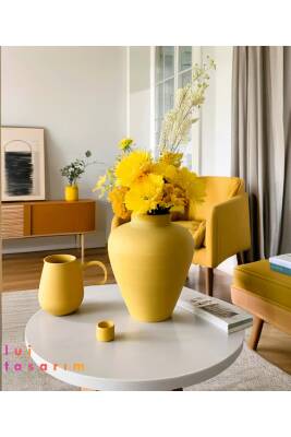 Seramik Vazo Koyu Sarı 27 CM Modern Trend Ahşap Dekorasyon - 3
