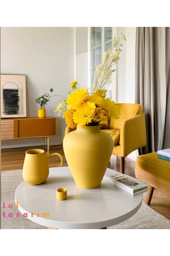 Seramik Vazo Koyu Sarı 27 CM Modern Trend Ahşap Dekorasyon - 3