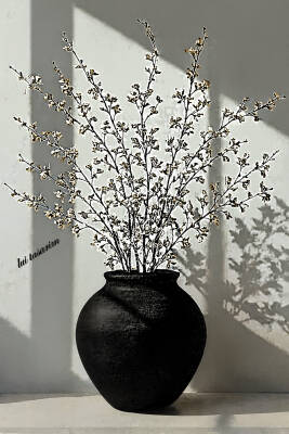 Siyah Dokulu Vazo Stoneware Modern iskandinav tarz ALYA Ev dekorasyon toprak El yapımı 28*26 Cm