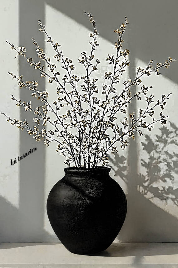 Siyah Dokulu Vazo Stoneware Modern iskandinav tarz ALYA Ev dekorasyon toprak El yapımı 28*26 Cm - 1