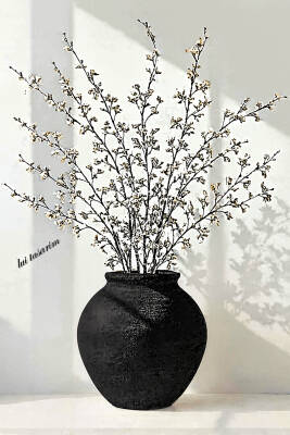 Siyah Dokulu Vazo Stoneware Modern iskandinav tarz ALYA Ev dekorasyon toprak El yapımı 28*26 Cm - 2