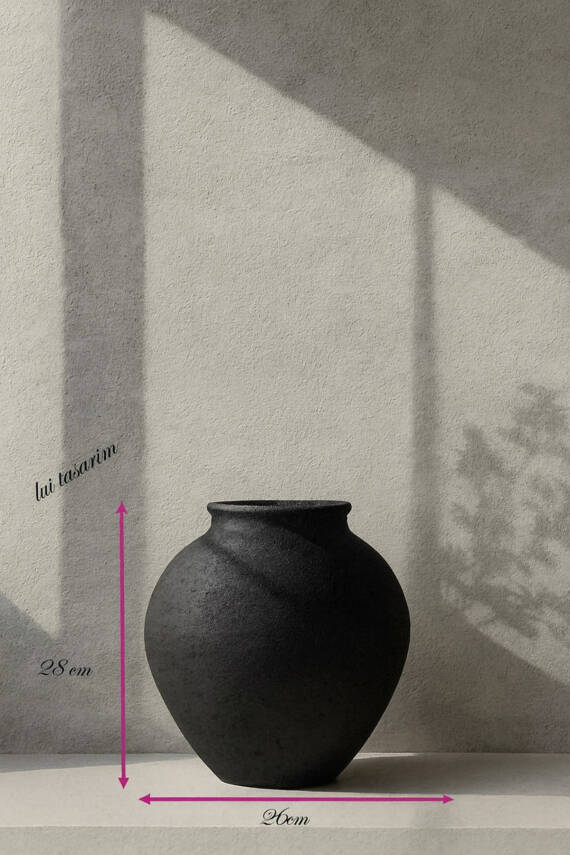 Siyah Dokulu Vazo Stoneware Modern iskandinav tarz ALYA Ev dekorasyon toprak El yapımı 28*26 Cm - 3