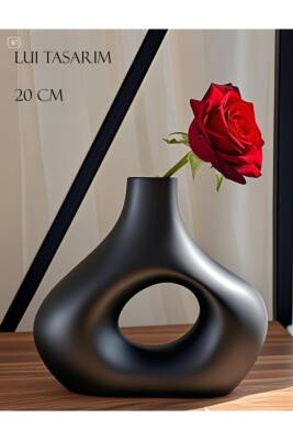 Siyah Zarif İskandinav Tarzı Sade Seramik Mat beyaz Vazo 20cm - 2