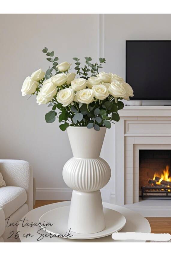 Uzun Beyaz Bohem Büyük Boy Seramik Nordic Tarz Beyaz Sade İskandinav Tarzı Vazo Seramik 25cm - 1