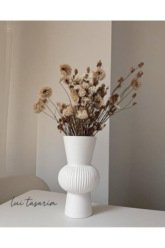 Uzun Beyaz Bohem Büyük Boy Seramik Nordic Tarz Beyaz Sade İskandinav Tarzı Vazo Seramik 25cm - 4